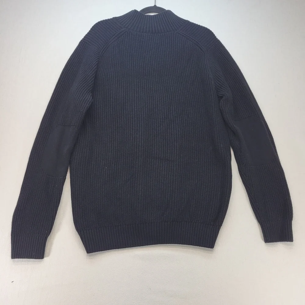 Duluth Trading Co Henley Sweater Mens L Navy Blue Ribbed Wool Blend Elbow Patch